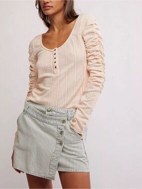 Free People Hope Henley Ribbed Long Sleeve Top in Light Pink